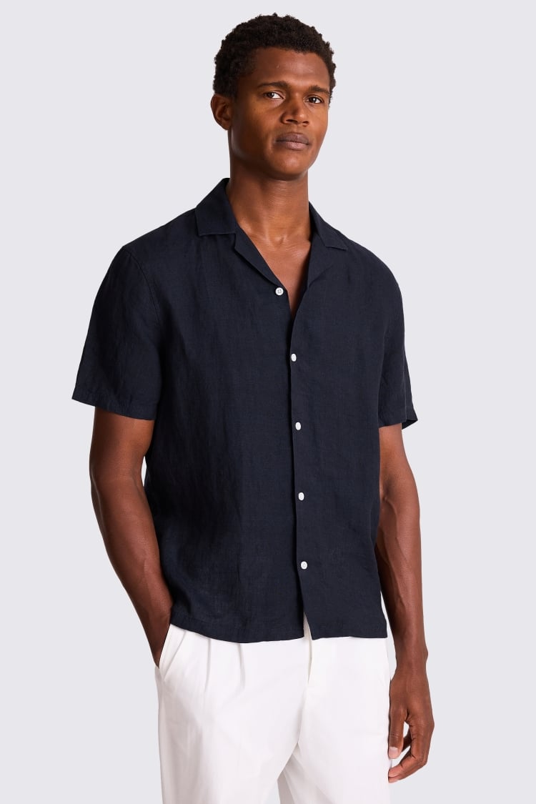 Navy Cuban Collar Linen Shirt