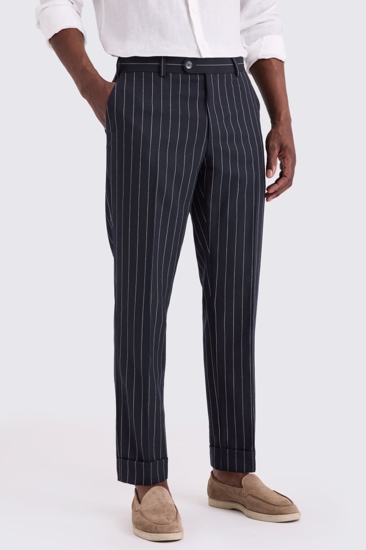 Navy Stripe Wool Tailored Trousers